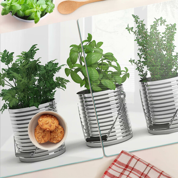 Deska kuchenna szklana z motywem roślin w metalowych doniczkach