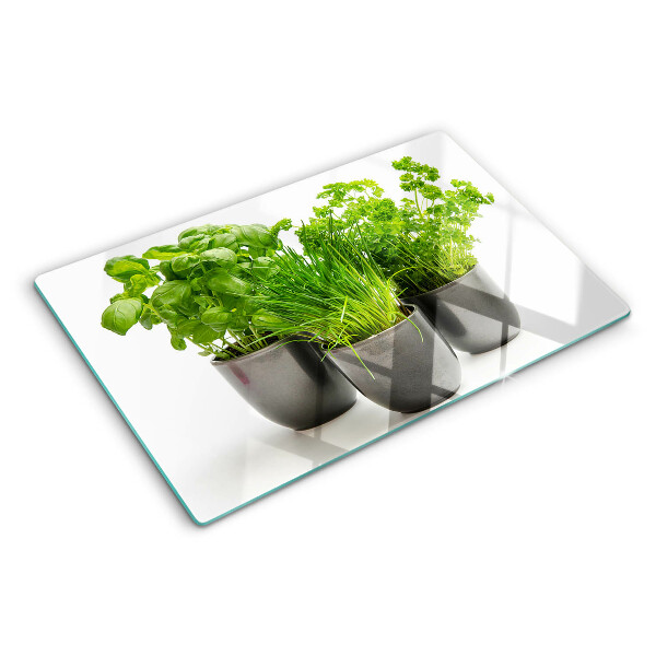 Szklana deska kuchenna z motywem ziół w doniczkach