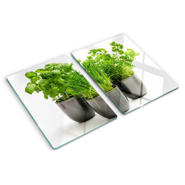 Szklana deska kuchenna z motywem ziół w doniczkach