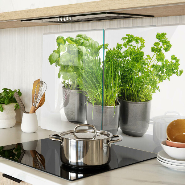 Szklana deska kuchenna z motywem ziół w doniczkach