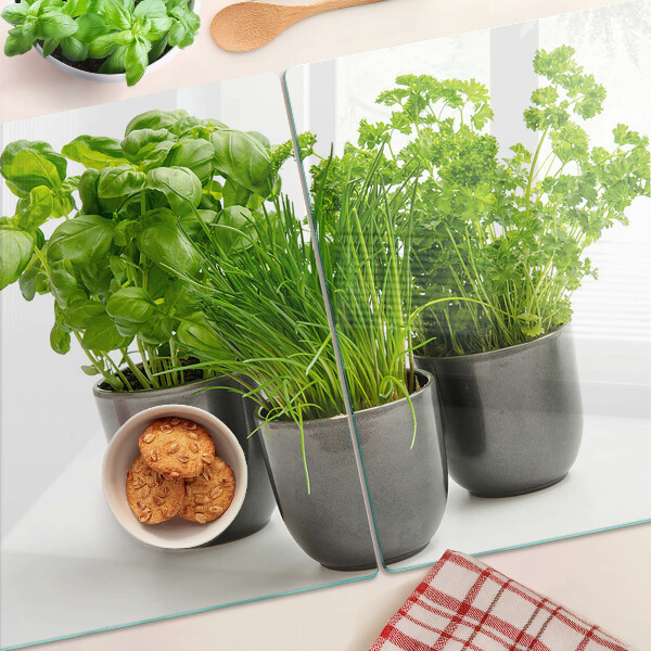 Szklana deska kuchenna z motywem ziół w doniczkach