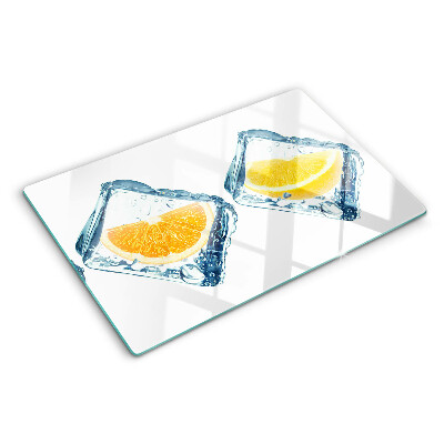 Szklana deska kuchenna z nadrukiem przedstawiającym owoce w lodzie