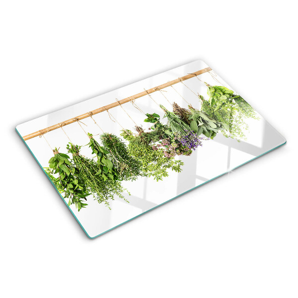 Szklana deska kuchenna z motywem suszonych ziół na sznurku