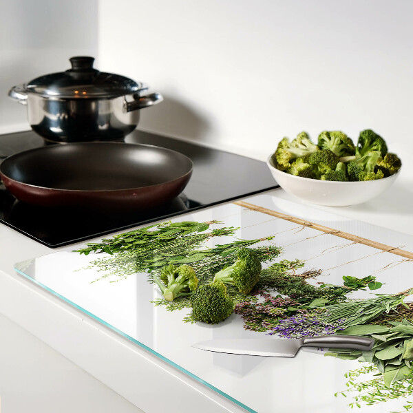 Szklana deska kuchenna z motywem suszonych ziół na sznurku