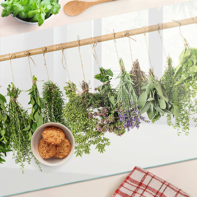 Szklana deska kuchenna z motywem suszonych ziół na sznurku