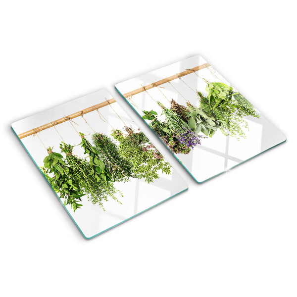 Szklana deska kuchenna z motywem suszonych ziół na sznurku
