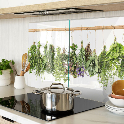 Szklana deska kuchenna z motywem suszonych ziół na sznurku