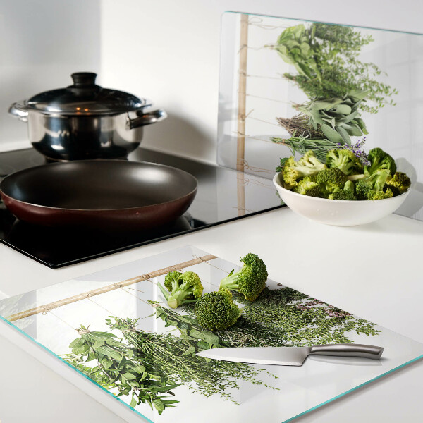 Szklana deska kuchenna z motywem suszonych ziół na sznurku
