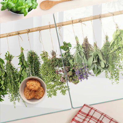 Szklana deska kuchenna z motywem suszonych ziół na sznurku