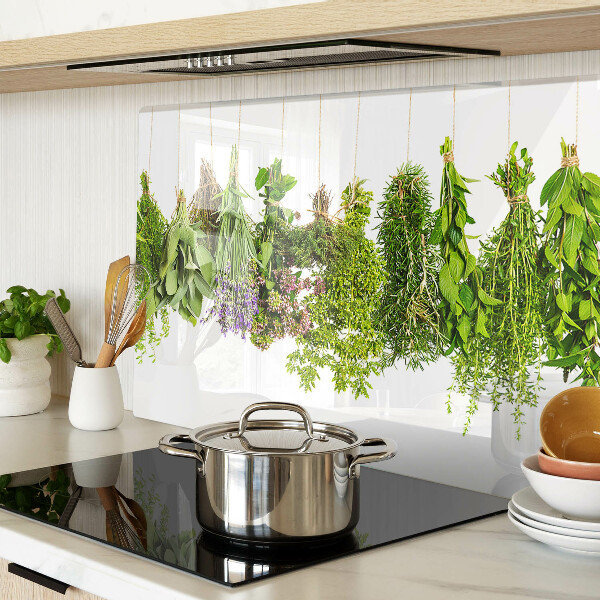 Szklana deska kuchenna z motywem ziół w wiszących doniczkach