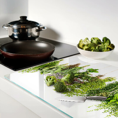 Szklana deska kuchenna z motywem ziół w wiszących doniczkach