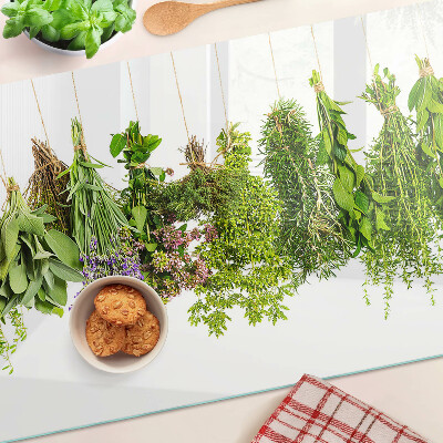 Szklana deska kuchenna z motywem ziół w wiszących doniczkach
