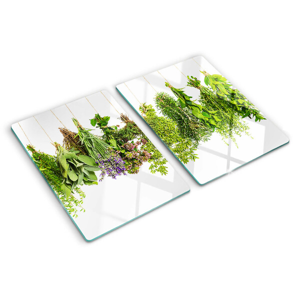 Szklana deska kuchenna z motywem ziół w wiszących doniczkach