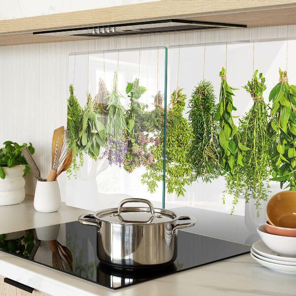 Szklana deska kuchenna z motywem ziół w wiszących doniczkach