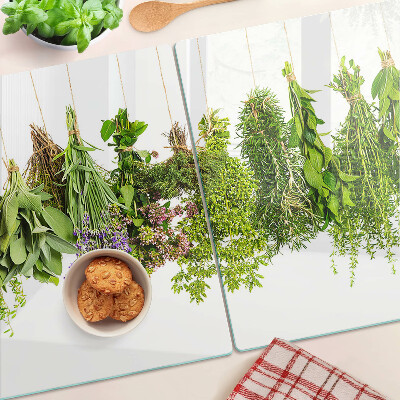 Szklana deska kuchenna z motywem ziół w wiszących doniczkach