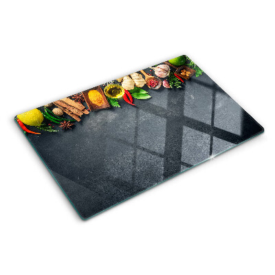 Szklana deska kuchenna z motywem kuchennych przypraw i składników