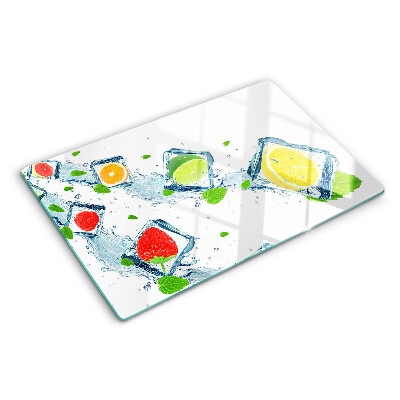 Szklana deska do krojenia z motywem owocowym przedstawiającym kolorowe plasterki