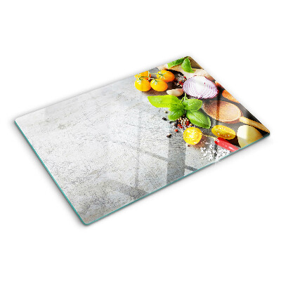 Szklana deska do krojenia z motywem kuchennych składników i ziół