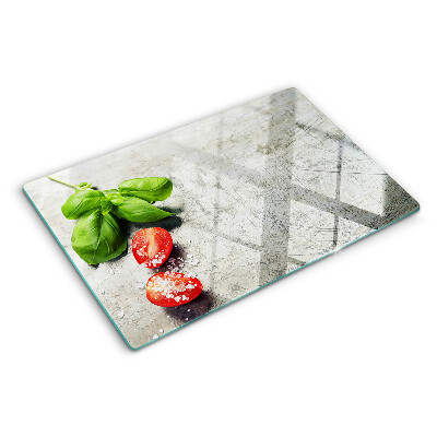 Szklana deska kuchenna z nadrukiem przedstawiającym pomidory z bazylią i solą