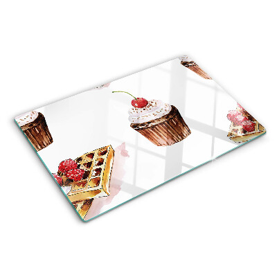 Deska kuchenna szklana z motywem wafli i babeczek z wiśnią