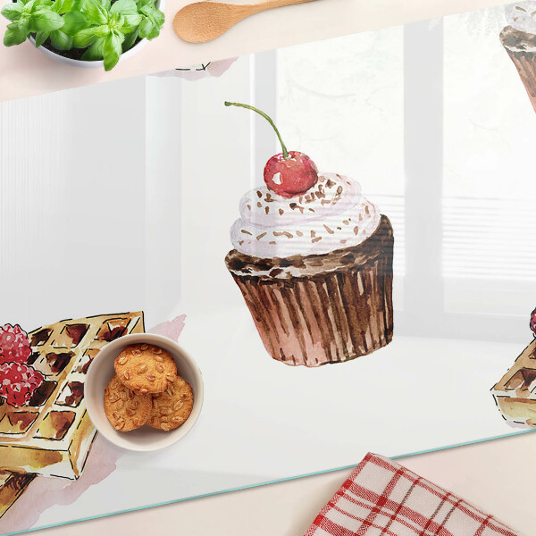 Deska kuchenna szklana z motywem wafli i babeczek z wiśnią