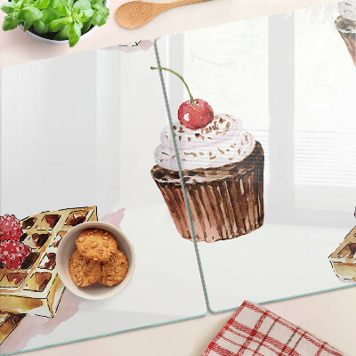 Deska kuchenna szklana z motywem wafli i babeczek z wiśnią