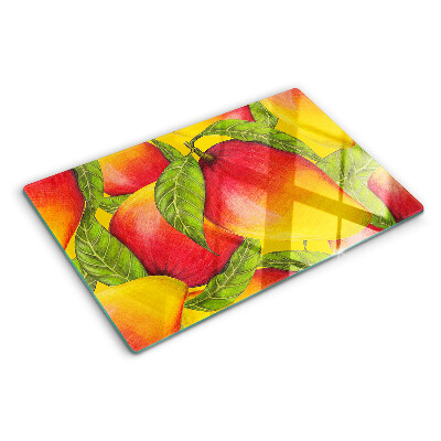 Szklana deska kuchenna z motywem papryk na tle zielonych liści