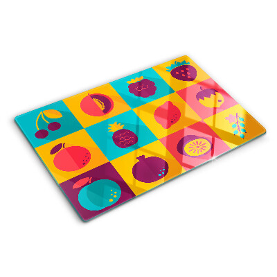 Szklana deska kuchenna z motywem owoców w kolorowych kwadratach