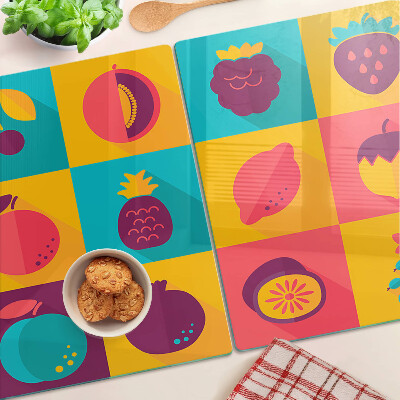 Szklana deska kuchenna z motywem owoców w kolorowych kwadratach