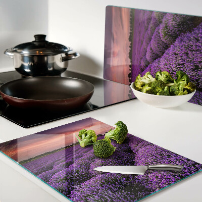 Szklana deska do krojenia z motywem pola lawendy o zachodzie słońca