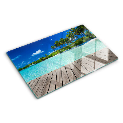 Szklana deska kuchenna z motywem tropikalnej plaży z palmami
