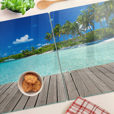 Szklana deska kuchenna z motywem tropikalnej plaży z palmami