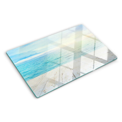 Szklana deska kuchenna z motywem morza i drewnianego pomostu