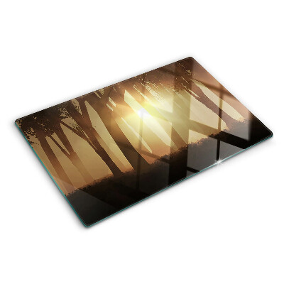 Szklana deska kuchenna z motywem zachodu słońca w lesie