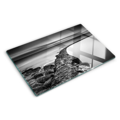 Deska kuchenna szklana z nadrukiem krajobrazu nadmorskiego w odcieniach szarości