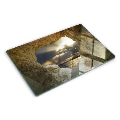 Deska kuchenna szklana z nadrukiem przedstawiającym widok na morze przez grotę