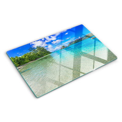 Deska kuchenna szklana z motywem tropikalnej plaży z lazurową wodą