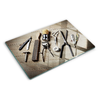 Deska kuchenna szklana z nadrukiem przedstawiającym narzędzia fryzjerskie na drewnianym tle