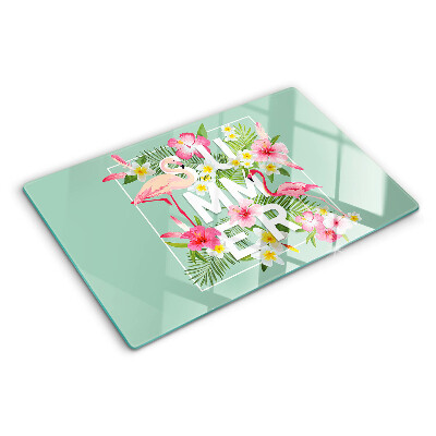 Deska kuchenna szklana z motywem letnich kwiatów i flamingów