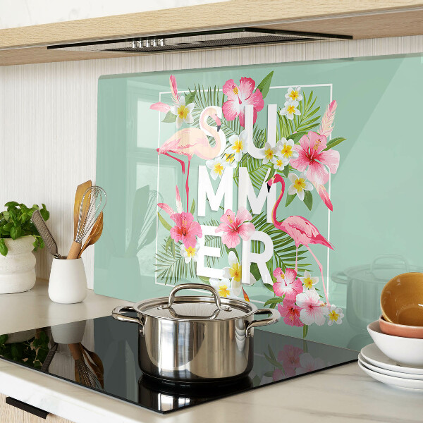 Deska kuchenna szklana z motywem letnich kwiatów i flamingów