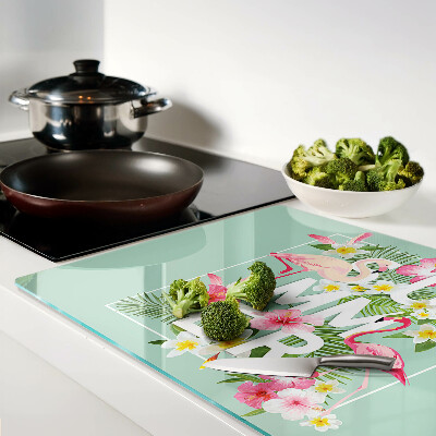 Deska kuchenna szklana z motywem letnich kwiatów i flamingów
