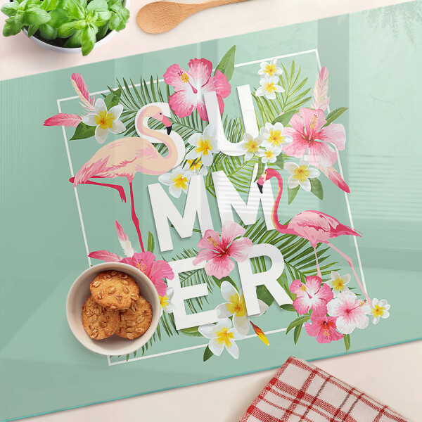 Deska kuchenna szklana z motywem letnich kwiatów i flamingów