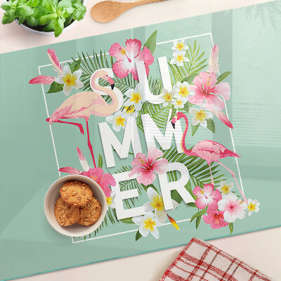 Deska kuchenna szklana z motywem letnich kwiatów i flamingów