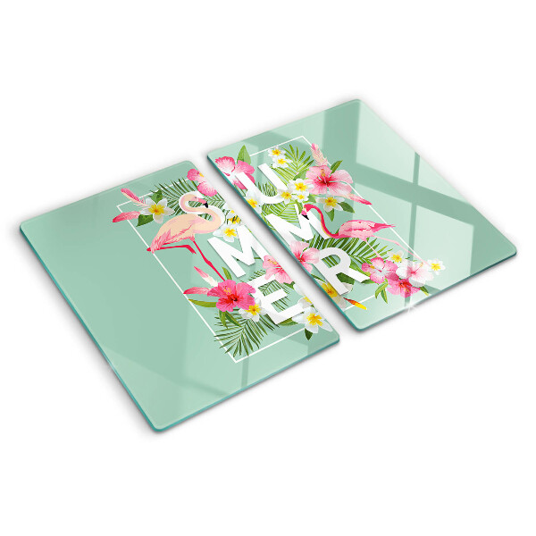 Deska kuchenna szklana z motywem letnich kwiatów i flamingów