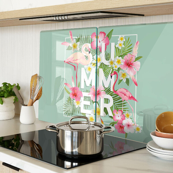 Deska kuchenna szklana z motywem letnich kwiatów i flamingów
