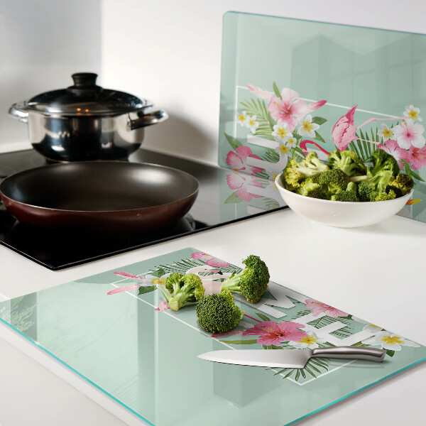 Deska kuchenna szklana z motywem letnich kwiatów i flamingów