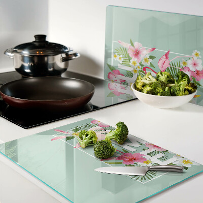 Deska kuchenna szklana z motywem letnich kwiatów i flamingów