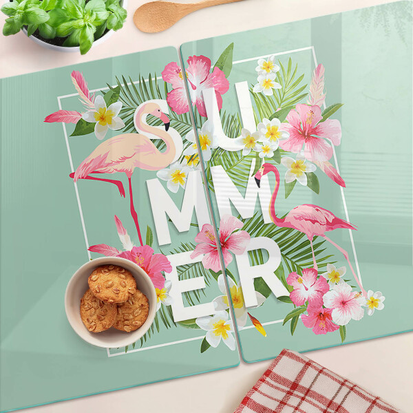 Deska kuchenna szklana z motywem letnich kwiatów i flamingów