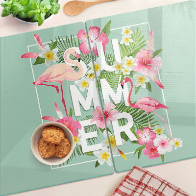 Deska kuchenna szklana z motywem letnich kwiatów i flamingów