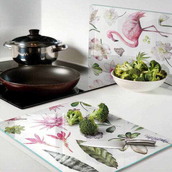 Szklana deska do krojenia z motywem tropikalnych kwiatów i ptaków